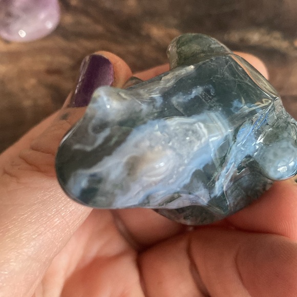 Stunning Moss agate frog carving with a little druzy pocket on it’s shoulder - Picture 3 of 3